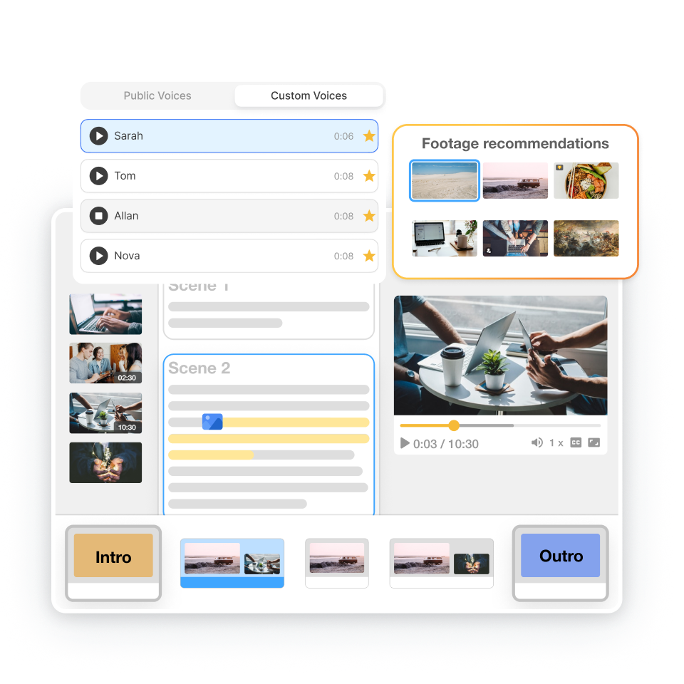Scene‑Based Editor in Visla adding captions and brand graphics for a release notes video